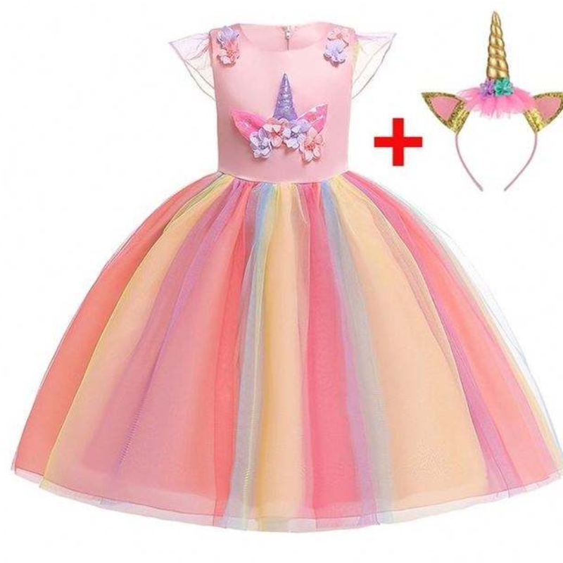 Baige högkvalitativ ruffles unicorn baby klänning barn vackra modellklänningar smockade barn kläder djs003