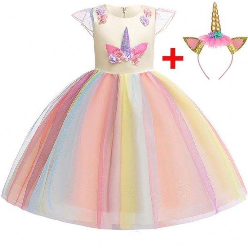 Baige högkvalitativ ruffles unicorn baby klänning barn vackra modellklänningar smockade barn kläder djs003