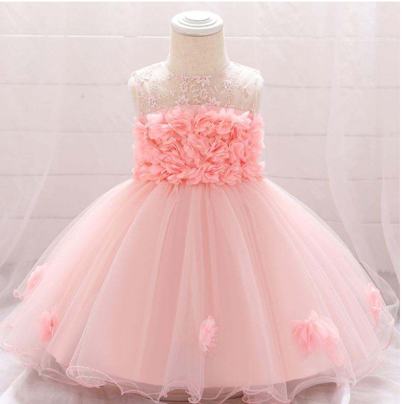 Baige New Frock Designs Girls \\ 'Kläder Nyfödda Flower Kids Party Wear Dopklänning L1920XZ
