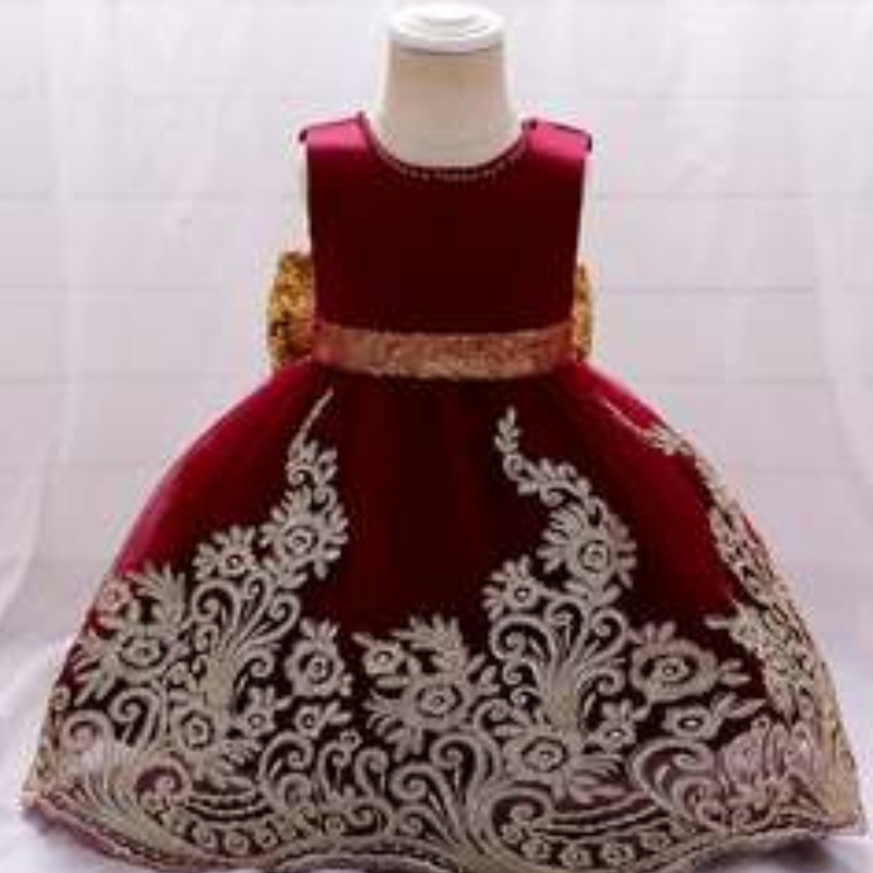 Baige Senaste blomma Little Dot Pattern Satin frock Design Baby Girl Fashion Party Dresses