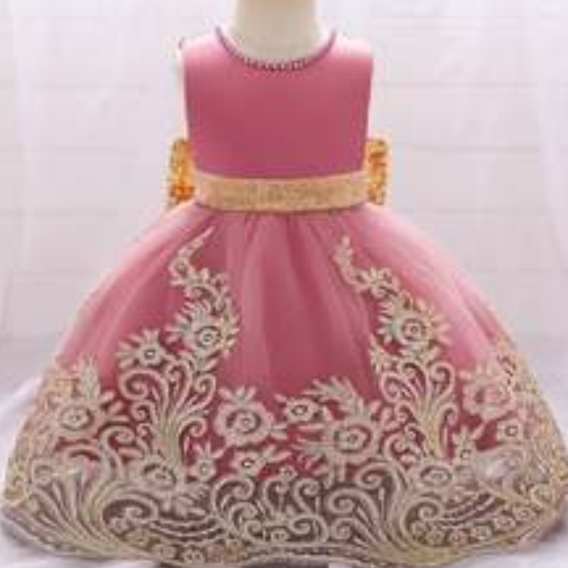 Baige Senaste blomma Little Dot Pattern Satin frock Design Baby Girl Fashion Party Dresses