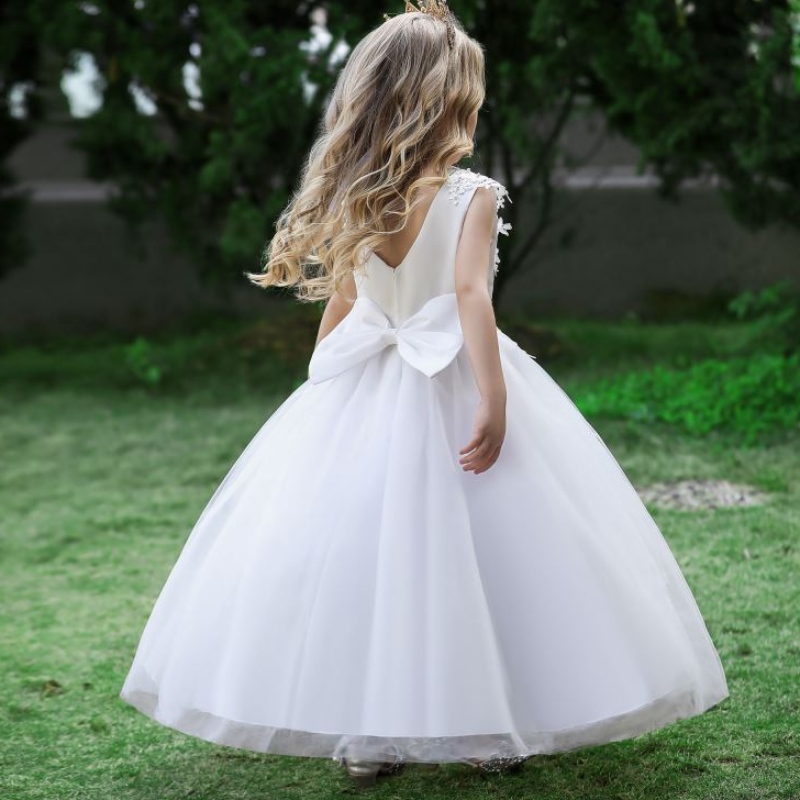Baige 2022 Satin Cotton Wedding Dress Shiny Gown Flower Girl Dress Long Tail Spets Big Girl Dresses