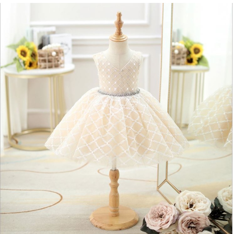 Baige OEM Children's aftonklänning Princess Girl Fluffy Yarn Flower Piano Costume Host Birthday Frock DZ003