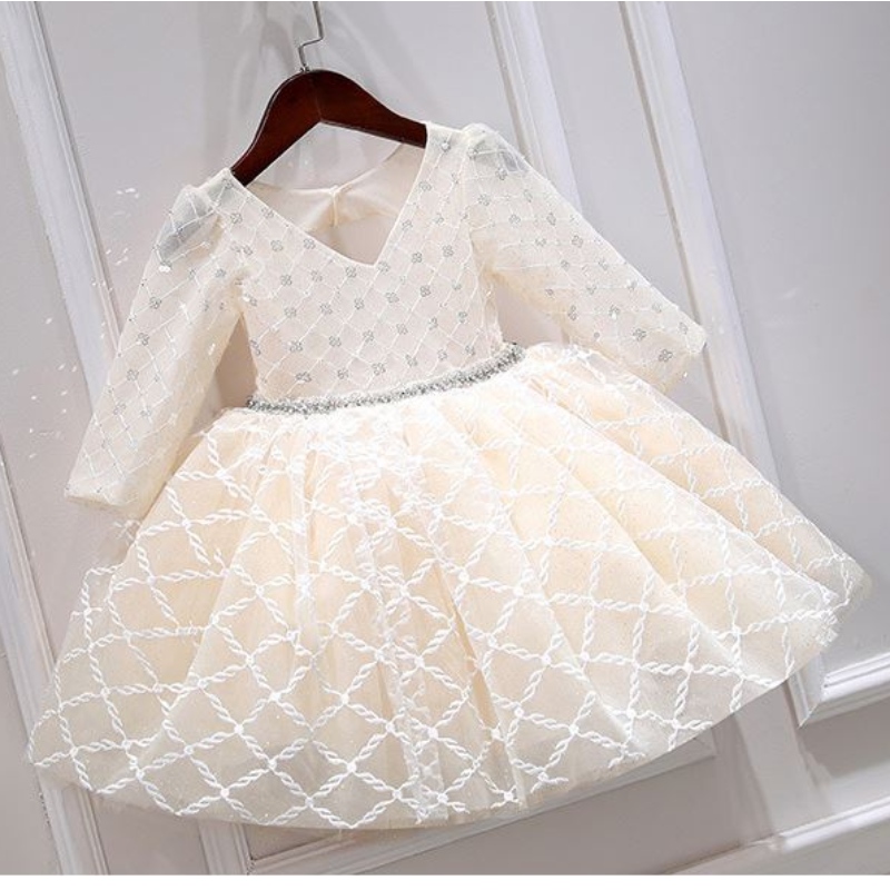 Baige OEM Children's aftonklänning Princess Girl Fluffy Yarn Flower Piano Costume Host Birthday Frock DZ003