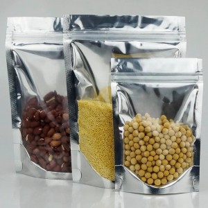 Aluminium Stand Up Pouch Påsar, klar fram med aluminiumfolie Back Återförslutningsbar ziplock och värmeförsegling för matlagring