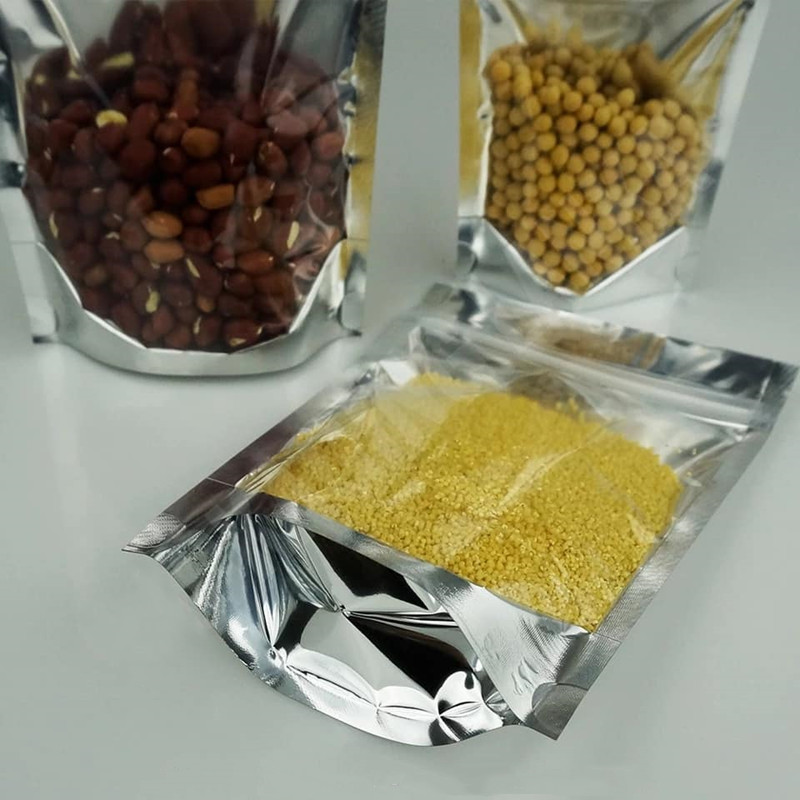 Aluminium Stand Up Pouch Påsar, klar fram med aluminiumfolie Back Återförslutningsbar ziplock och värmeförsegling för matlagring