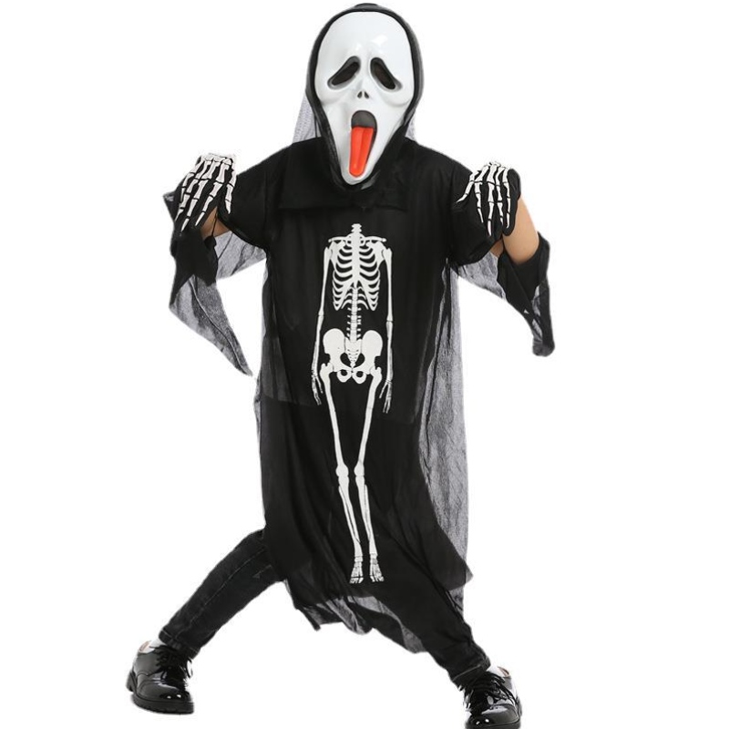 Partihandel Halloween Cosplay Costume Black Skeleton Cape Ghost Costume With Mask for Children
