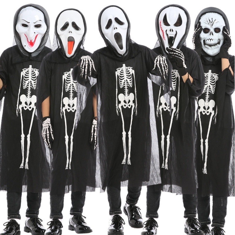 Partihandel Halloween Cosplay Costume Black Skeleton Cape Ghost Costume With Mask for Children