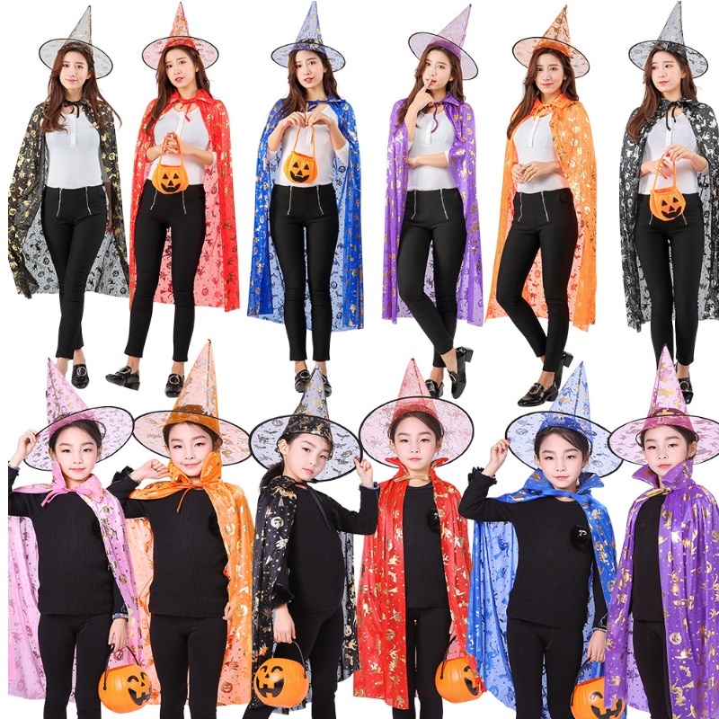 Halloween Costumes Witch Wizard Cloak Cape Robe Pointy Hat For Kids Halloween Props Women Set Cosplay Birthday Party