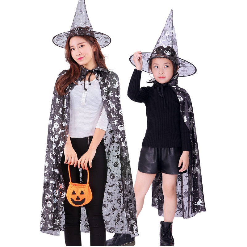 Halloween Costumes Witch Wizard Cloak Cape Robe Pointy Hat For Kids Halloween Props Women Set Cosplay Birthday Party