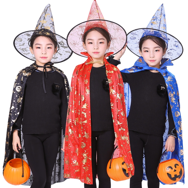Halloween Costumes Witch Wizard Cloak Cape Robe Pointy Hat For Kids Halloween Props Women Set Cosplay Birthday Party
