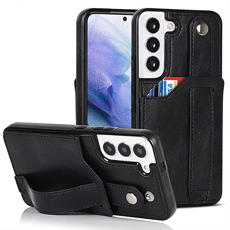 Designad för Samsung Galaxy S22 5G plånbokfodral med justerbar handledsband kickstand pu läder kreditkortshållare tungt stötbeständigt hybrid robust skydd för kvinnor män 6,1 tum rosa