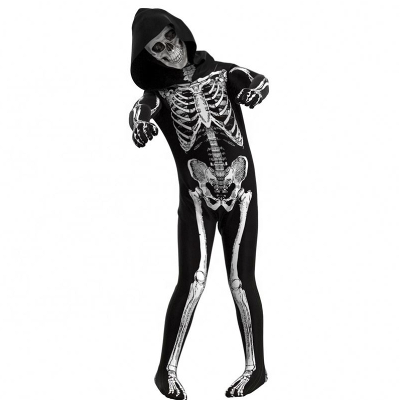 Partihandel livlig skrämmande Halloween cosplay rekvisita mänskliga skalle skelett huva jumpsuit hoodie kostymer för barn