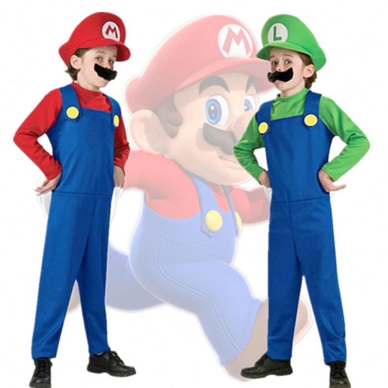 4-12y Child Super Mari Bros Cosplay Jumpsuit Suit Boy Girl Halloween Anime Fantasy Romper Luigi Brothers Dress Hat Costume