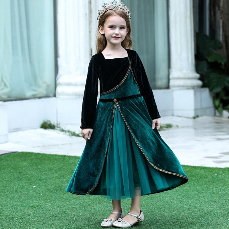 Elegant Anna klänning för flickor långärmad sammet barn halloween fest kostymer prinsessa fancy cosplay kläder