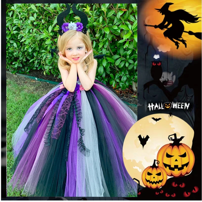 Amazon Hot Selling Girls Halloween Costume Vampire Witch Cosplay Pageant Party Tutu Dresses