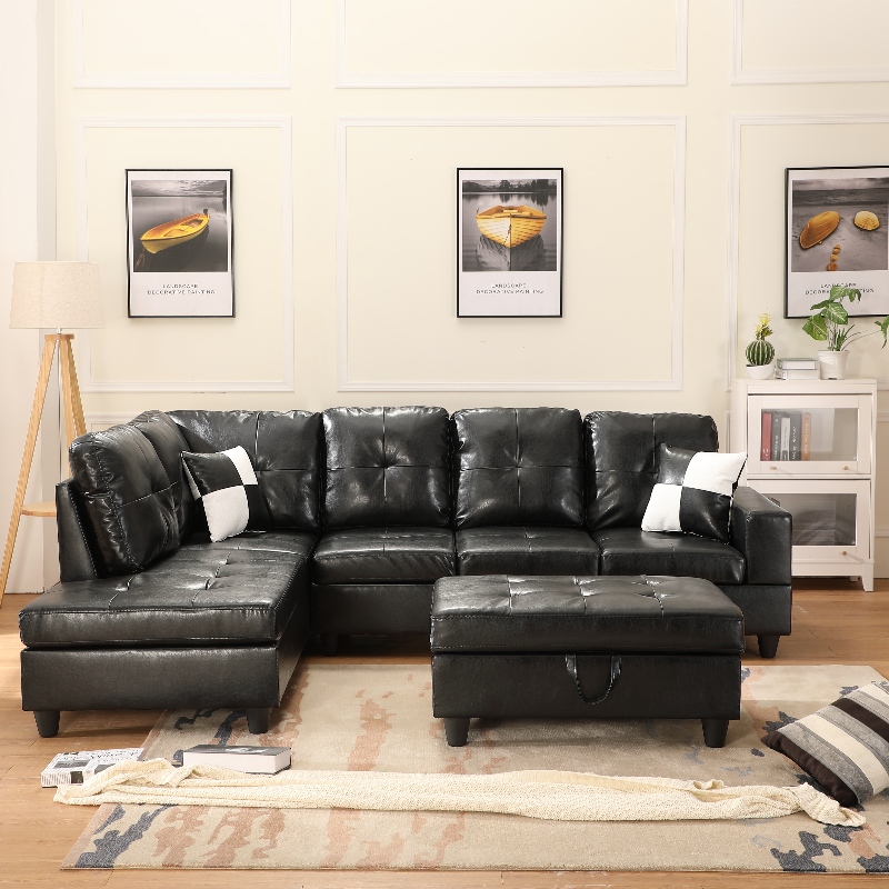 Faux Leather Sectional Soffa Vardagsrum Soffa Set med förvaring