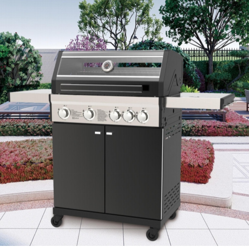 Lyx Utomhus Trädgårdsgas BBQ Grillgaller Rökfri Grill Grill Hem Party BBQ Grill Trolley Med Skåp Hjul Rostfritt stål