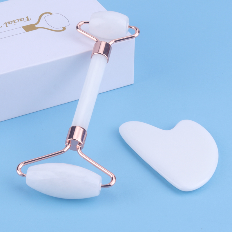 Anpassadnaturlig Rose Quartaz White Jade Eye Face Roller och Gua Sha Tools Set Packaging