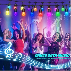 48ft färgbyte utomhussträngsljus, 15 LED -glödlampor spricker dimbar, IP65 vattentät, RGBW blinkande strängljus med RF -fjärrkontroll, dekorativa lampor för uteplats trädgård