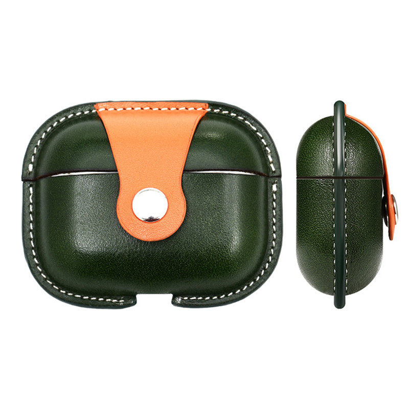 Nya Apple AirPods Pro2 Protective Case, Military Green Color Matching Calfskin Integrated Protective Case, Bluetooth Headset Case Crash Resistant Leather Case