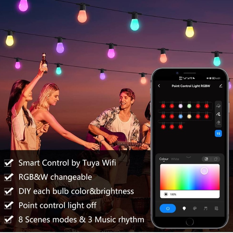 Smart Color String Lights, 48 ​​ft Smart Patio Lights RGBW LED String Lights, App&WiFi Control, fungerar med Alexa, färgbytessträngsljus med dimbara 15 LED -glödlampor, IP65 vattentät