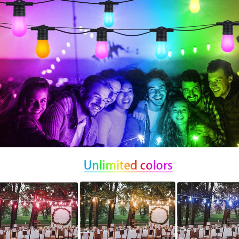 Smart Color String Lights, 48 ​​ft Smart Patio Lights RGBW LED String Lights, App&WiFi Control, fungerar med Alexa, färgbytessträngsljus med dimbara 15 LED -glödlampor, IP65 vattentät