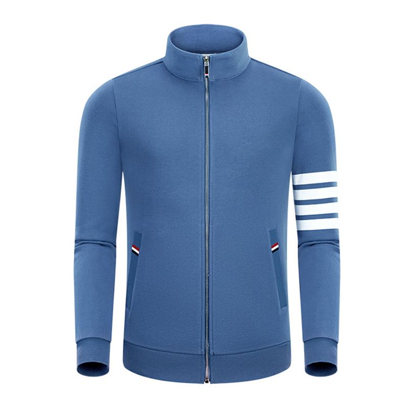 Våren och hösten New Four Bar Cotton Fashion Casual Small Stand Collar Men \\ 'S and Women's Zipper Long Sleeve Cardigan Coat