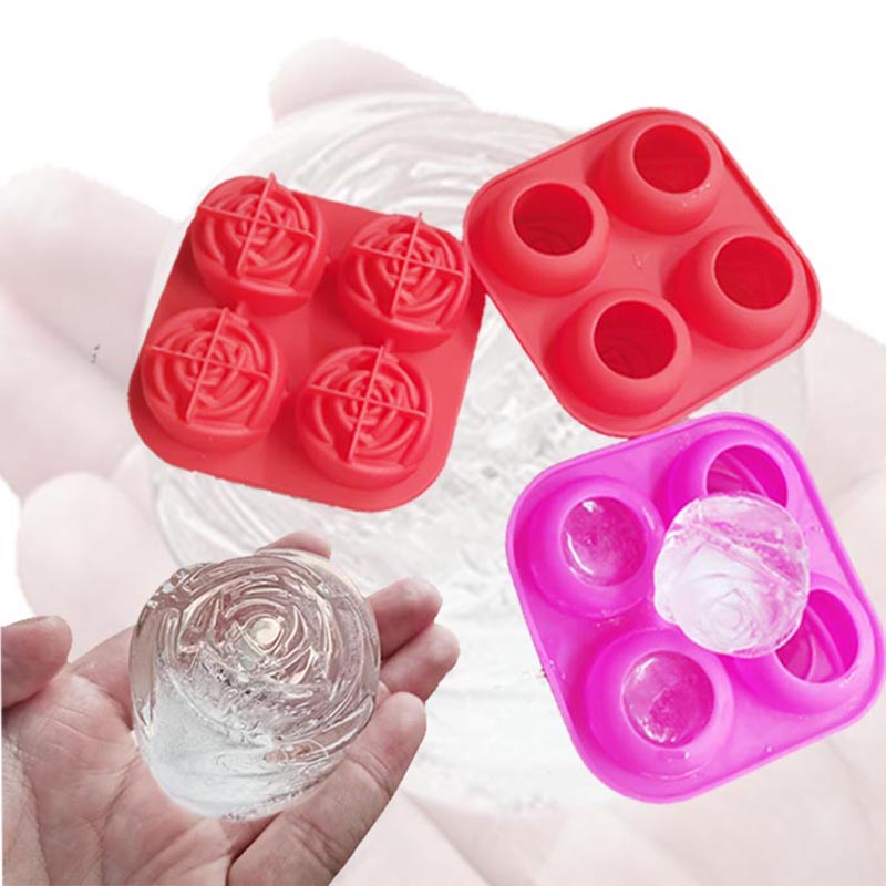 Silikon 3D Rose Ice Mold Large Ice Cube Tray, gör 4 söta blommorformade is, silikongummiful stor isbollstillverkare för cocktailsaft whisky bourbon frys, diskmaskin säker, tre färg