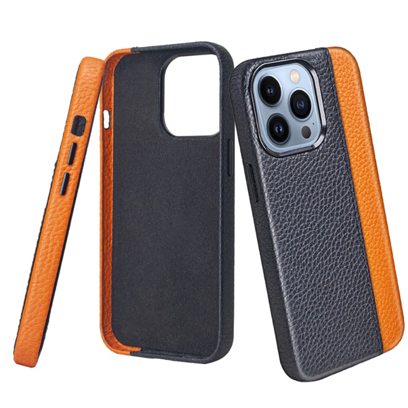 Apple iPhone 14Pro Mobiltelefon läderfodral, 360 graders allomfattande skydd, fashionabla färgmatchande svart/orange mobiltelefonfodral, metallknappar känsliga och hållbara