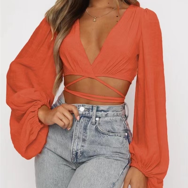 Hot säljande kvinnor Lantern ärm casual lång ärm sexig topp