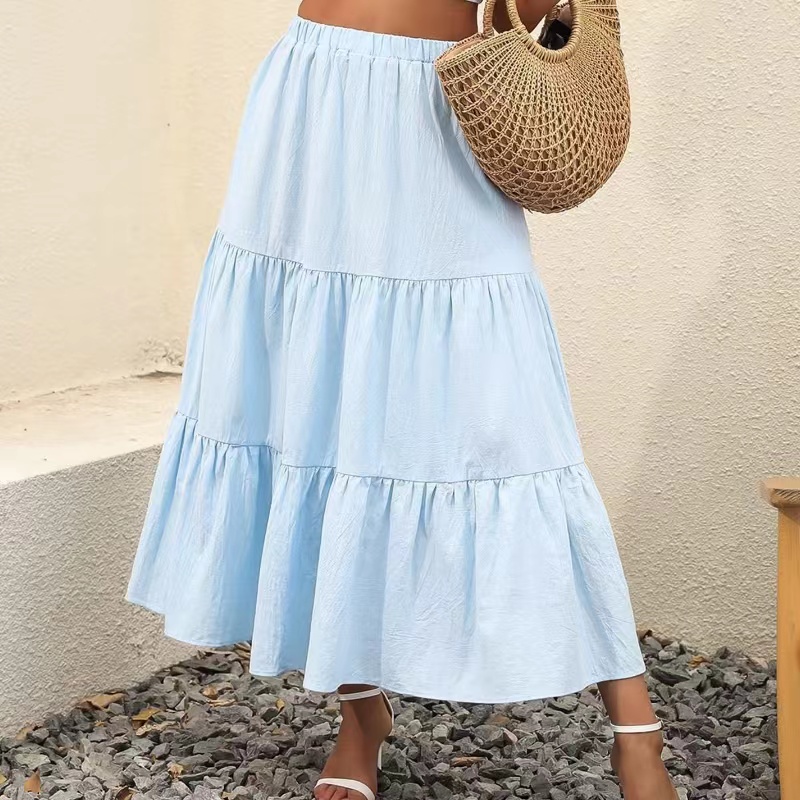Kvinnors sommar boho elastisk midja veckad a-line flytande svängandenivån lång strand kjol klänning med micksskirt