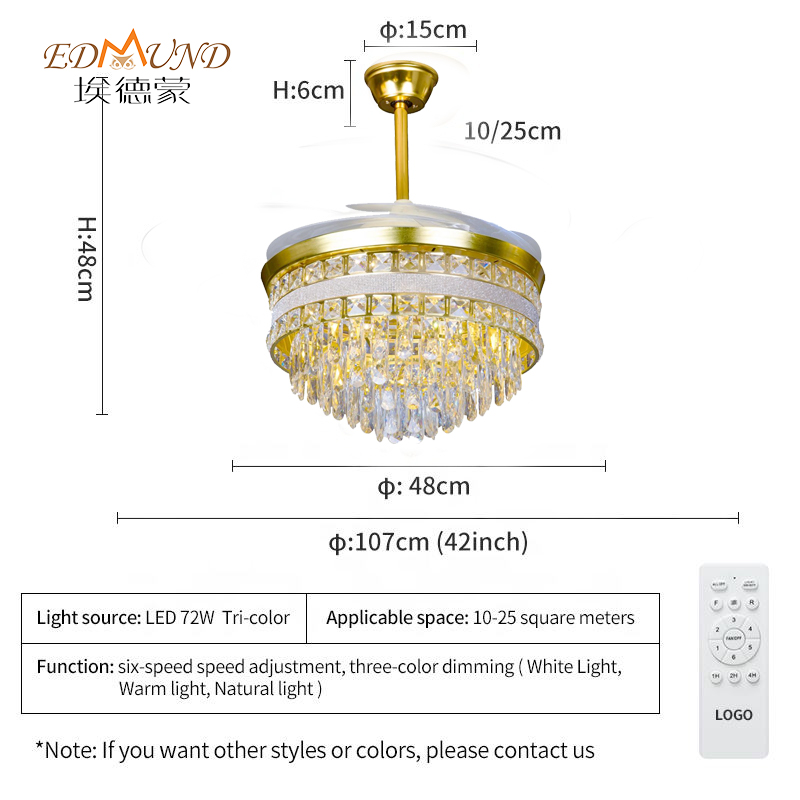 K010 Chandelier takfläkt med ljus med avlägsna 42 tum 3 färg med högtalarkristallkrona ljuskronan