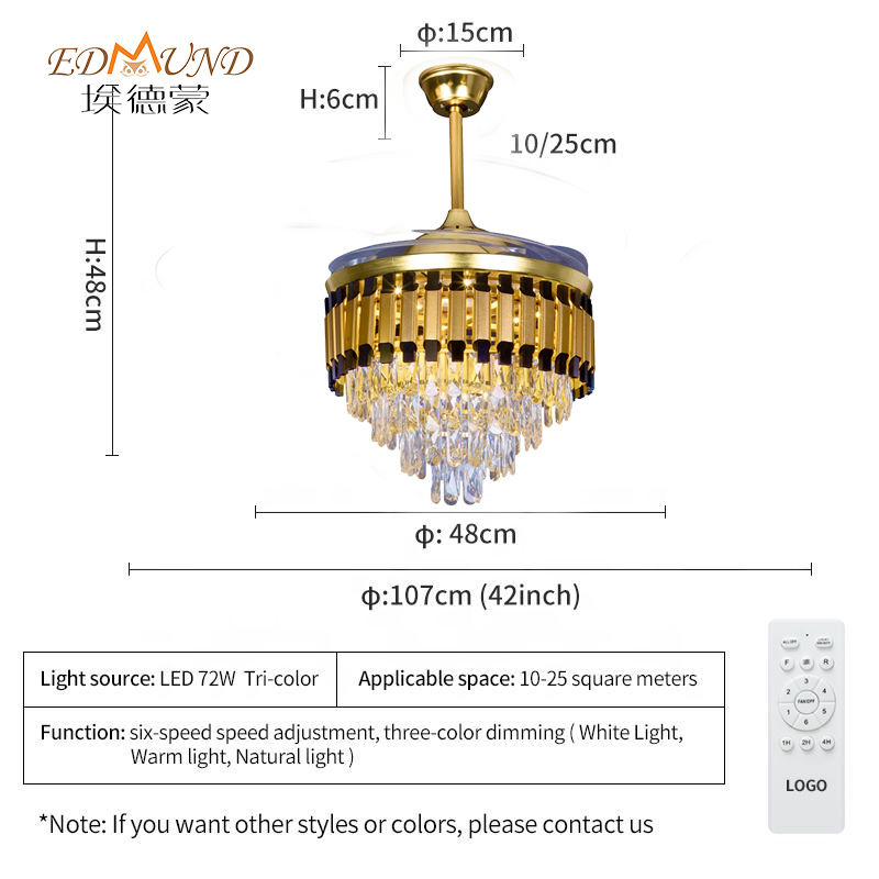 K011 Chandelier takfläkt med ljus med avlägsna 42 tum 3 färg med högtalarkristallkrona ljuskronan