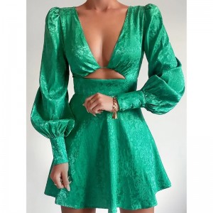 V-ringning ihålig jacquard klänning lykta ärm kort klänning vår vintage stil a-line klänning