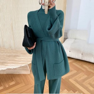 Vinter 2023 Ny design med högnacke pullover stickad cardigan långärmad bred benbyxor 3 sätter kvinnor tröja