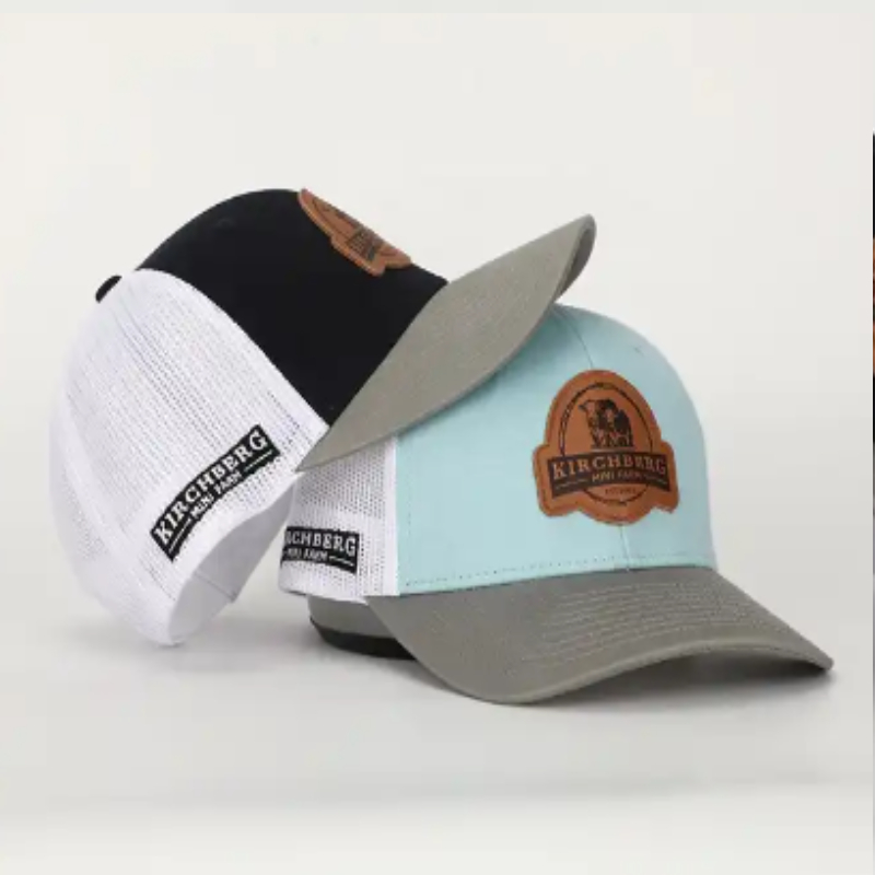 OEM Anpassad högkvalitativ läderplåslogotyp Mesh Snap Back Gorras Caps, Aplique Cotton 112 Pre Curved Trucker Hats