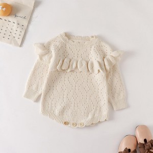 Höst- och vinternya flickor \\\\\\\\ \'Baby Sticked Jumpsuit Hollowed Out Long Sleeved Knitted Button Jumpsuit