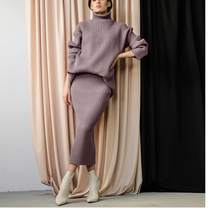 Vinternya modeanpassade kvinnors varma Turtleneck Pullover stickad midi kjol 2 stycke kostym kvinnors kjoltröja