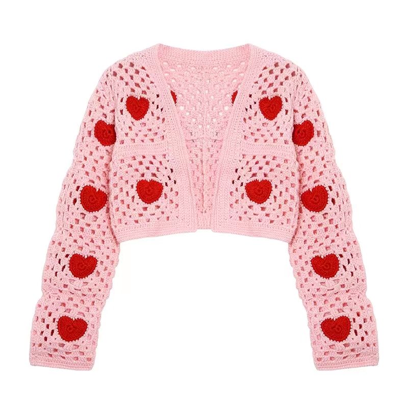 Hollow-out virkning Kort kvinnlig tröja Kärlek broderi stickning cardigan tröja