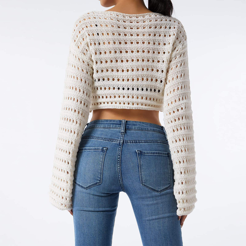 Kvinnor Håliga ut virkningstickor Crop Tops Färgblock långärmad fyrkantignackhall tröjor toppar