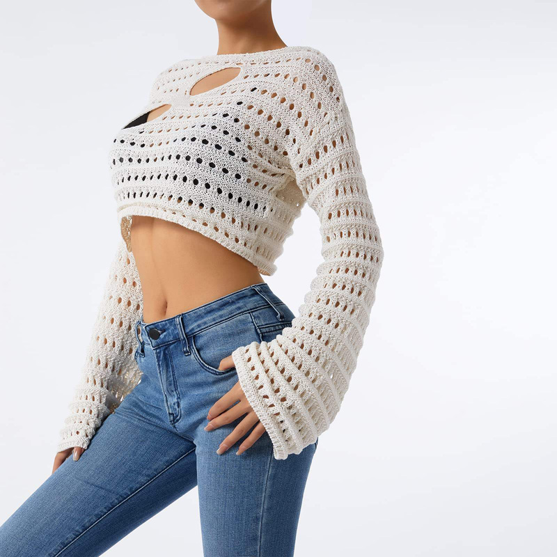 Kvinnor Håliga ut virkningstickor Crop Tops Färgblock långärmad fyrkantignackhall tröjor toppar