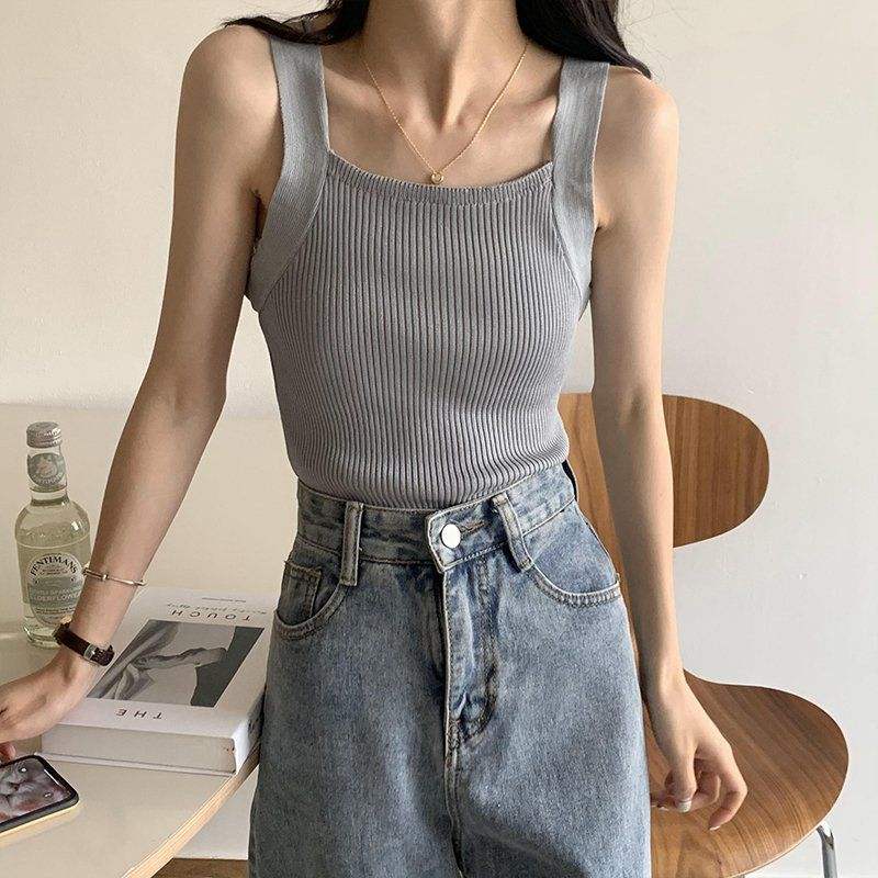 Online Celebrity Short Square Neck Camisole Female Summer Sports Sweat-Absorbent Slim Sexig stickad tröja