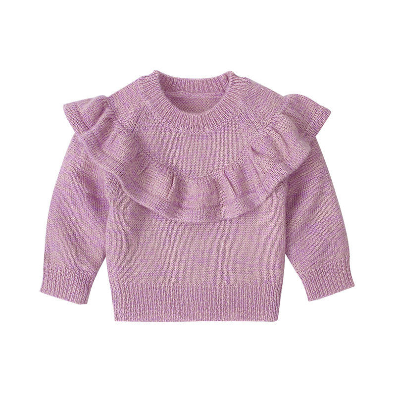 Babykläder flickor långärmad stickad ruffle tröja fast färg stickmönster baby flickor tröjor