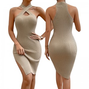Summer Custom Women Knit Dress Sexig Neck Design Women Solid Color Slip Dresses Lady Kirt Sticked tröja klänning