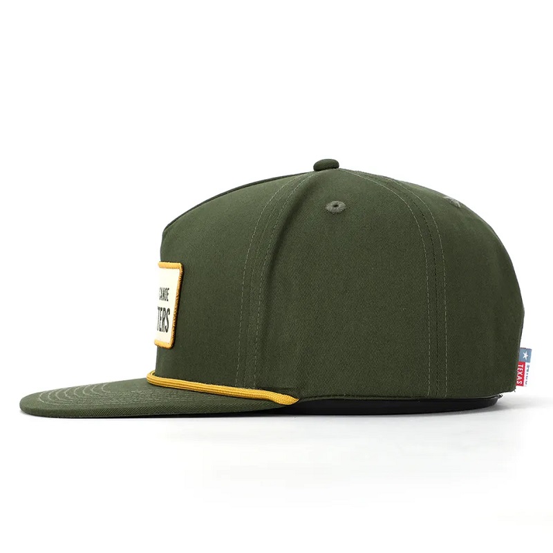 OEM Custom High Quality Classic 5 Panel Army Green Cotton Brodery Woven Patch Logo Rope Snapback Cap Hat