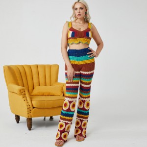 Djup v-ringad handgjorda virka sexiga kvinnliga tröja skörd topp stickade kläder