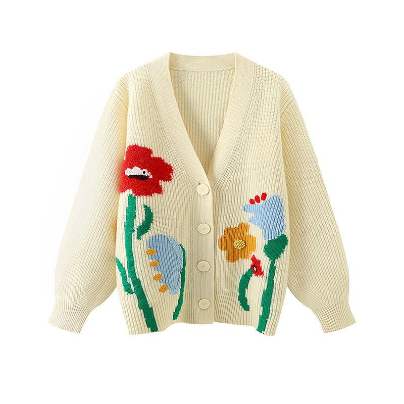 Designer Women's tröjor Anpassade överdimensionerade V-Neck stickade broderier Damer Jacquard Loose Cardigan Sweater Women for Woman