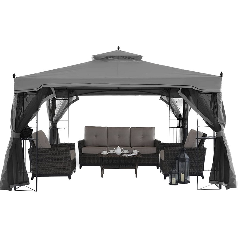 10 \\ 'x 10 \\' stål utomhus uteplats lusthusträdgård med tak med avtagbaranät gardiner beige toppduk