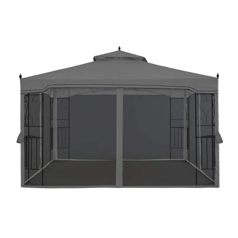 10 \\ 'x 10 \\' stål utomhus uteplats lusthusträdgård med tak med avtagbaranät gardiner beige toppduk